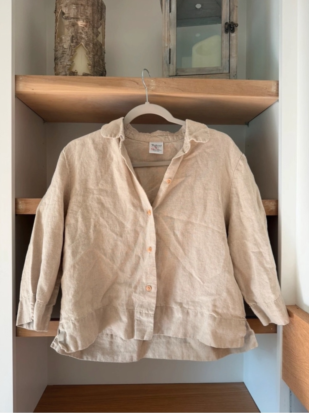 Vintage Westbound Petite Beige Linen Collared Button Down Long Sleeve Blouse L